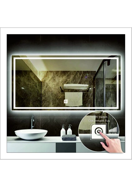 60X80 cm Beyaz Ledli Tasarım Kumlamalı Dokunmatik Tuşlu Banyo Aynası Makyaj Aynası Işıklı Ayna